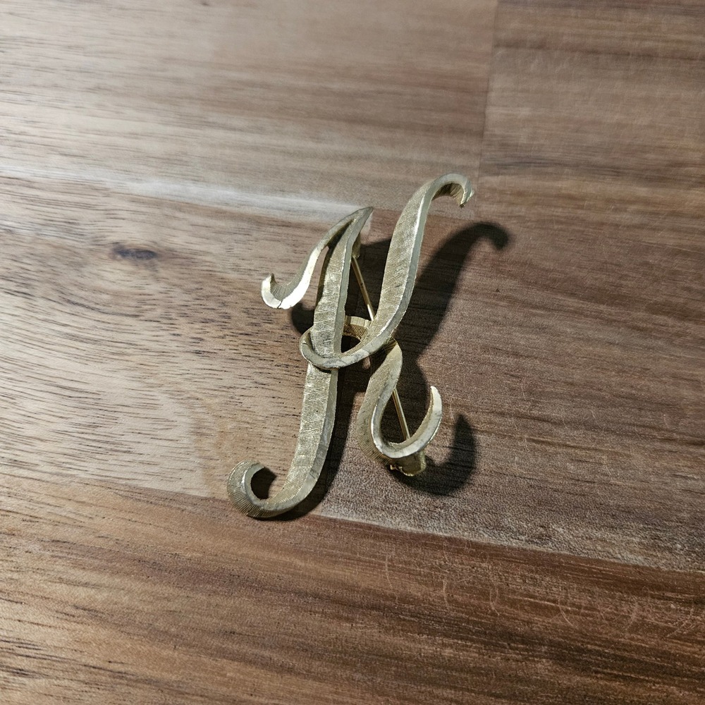 Vintage Mamselle Initial Letter K Brooch Gold Tone Textured Script Monogram Pin